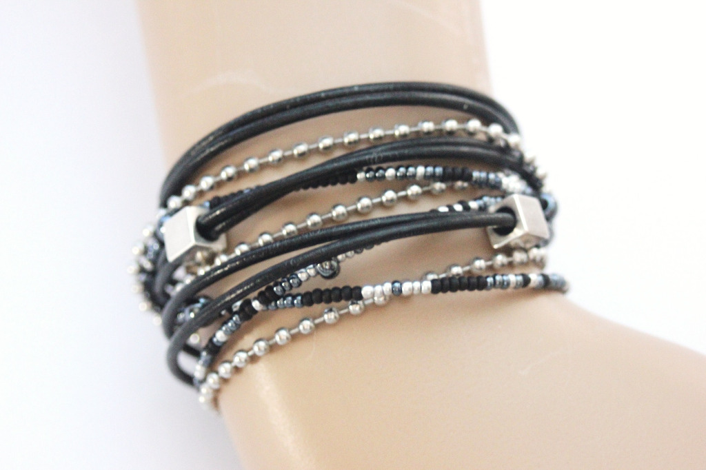 Bracelet homme multi rangs cuir véritable perles noires fermoir acier