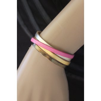 Bracelet manchette cuir métallisé et rose pastel