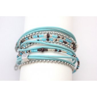 Bracelet boho multi-rangs cuir bleu aqua et acier