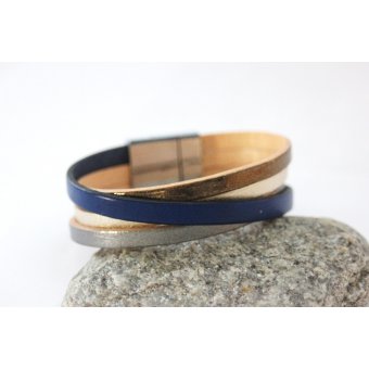 Bracelet manchette cuir métallisé et cuir bleu 