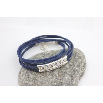 Bracelet cuir bleu perle tube double avec strass