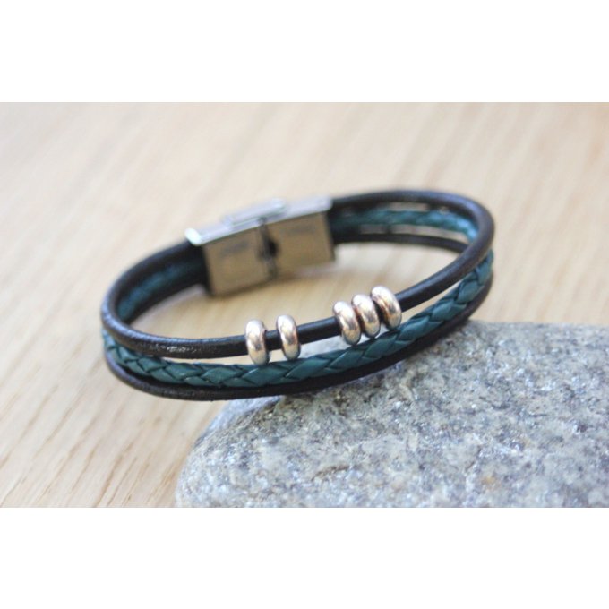 bracelet fin en cuir noir et turquoise