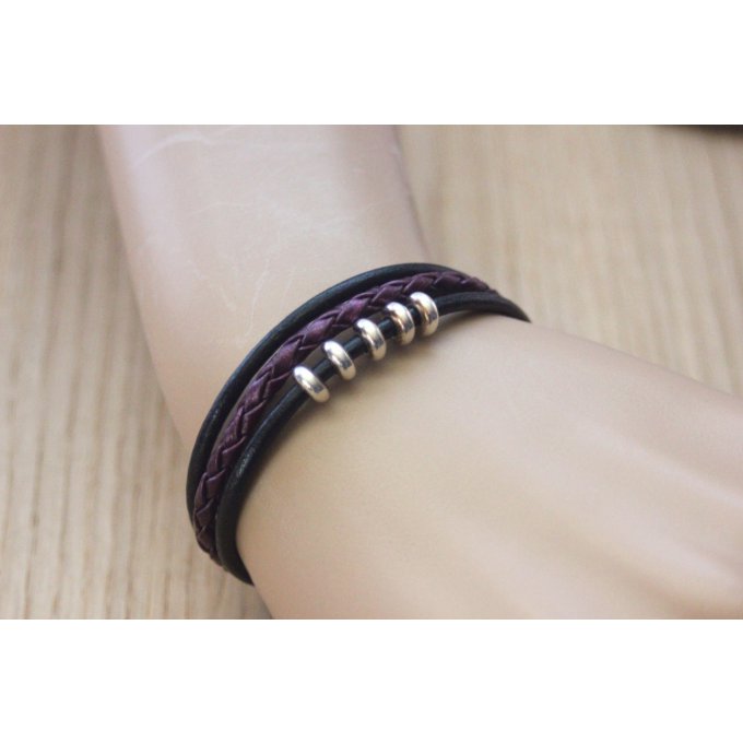 bracelet fin en cuir noir et prune