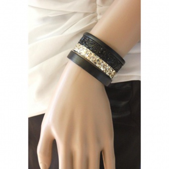 Bracelet manchette cuir noir et paillettes dorées