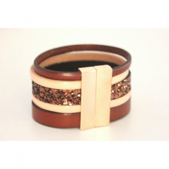 Bracelet manchette cuir naturel marron paillettes