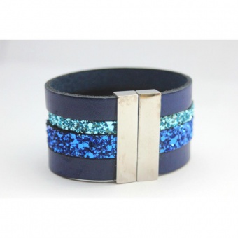 Bracelet manchette en cuir et paillettes bleu