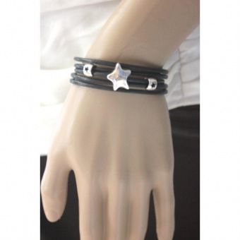 Bracelet manchette cuir bleu nuit étoile argent