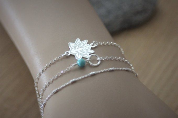 Ensemble de 3 bracelets en argent massif fleur de lotus mandala, turquoise 