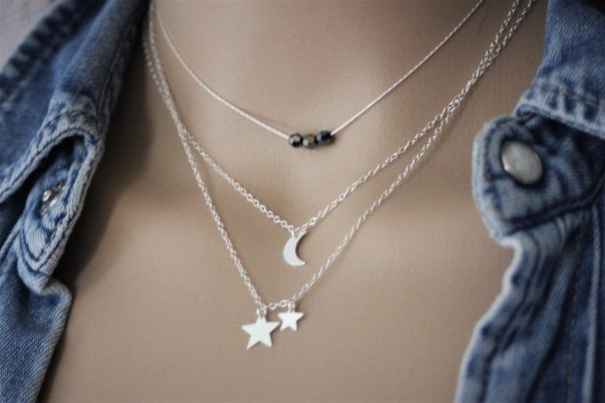 Ensemble de 3 colliers en argent massif perles swarovski, lune et étoiles
