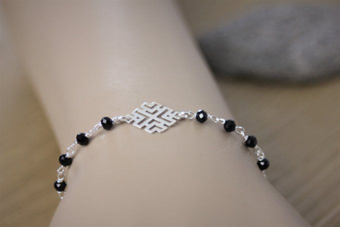 Bracelet argent losange mandala et perles cristal noir