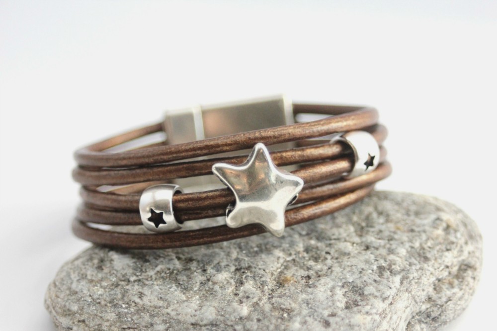 Bracelet cuir artisanal homme manchette 3 lanières noir - FiFi brin de cuir