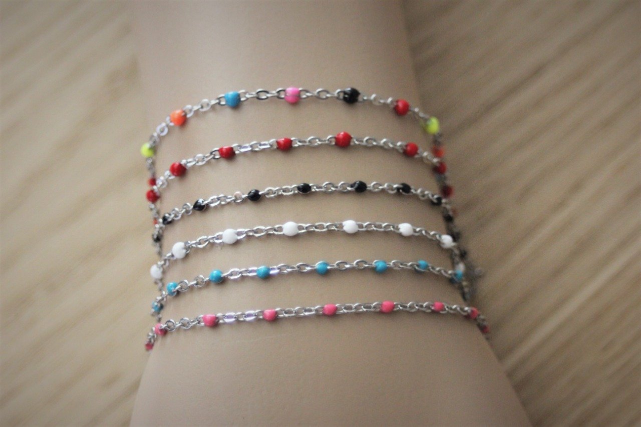 Bracelet Perles En Résine Rose Et Acier Inoxydable Argenté - Longueur 18cm - Style Coeur/amour - Neuf Avec étiquettes