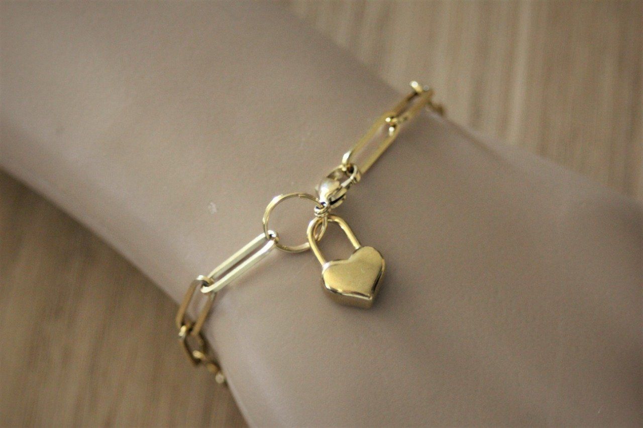 Bracelet chaine ronde coeur nacré au centre - acier inoxydable