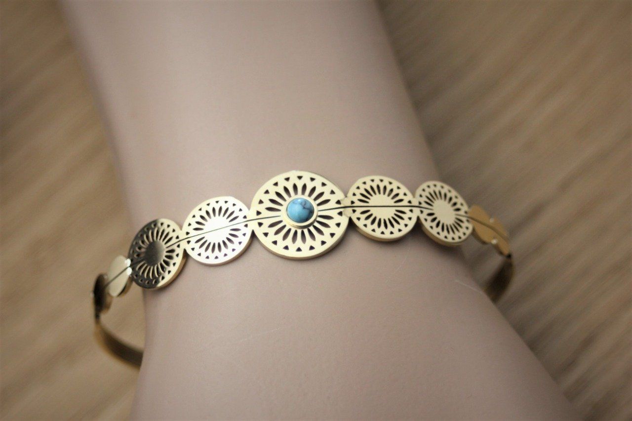 Bracelet Jonc ZAG Acier Doré Et Turquoise - Bijou Femme - Neuf Avec étiquettes