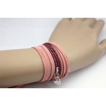 Bracelet NEXUS lacet daim rose et perles fuchsia