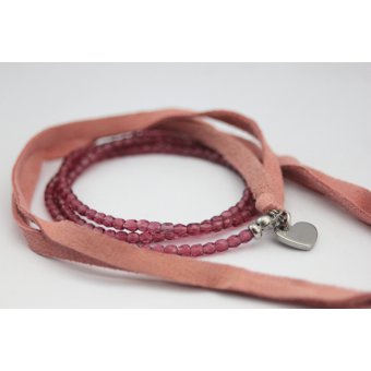 Bracelet NEXUS lacet daim rose et perles fuchsia