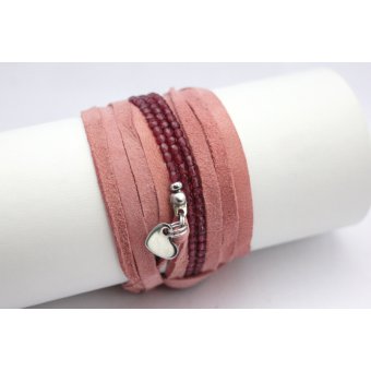 Bracelet NEXUS lacet daim rose et perles fuchsia