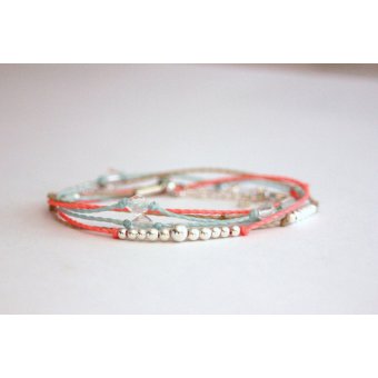 Bracelet ~ Summery ~ cordons corail, aqua et beige