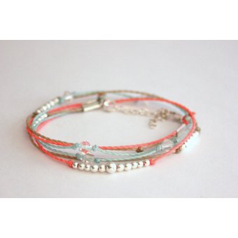 Bracelet ~ Summery ~ cordons corail, aqua et beige