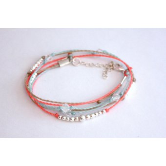 Bracelet ~ Summery ~ cordons corail, aqua et beige