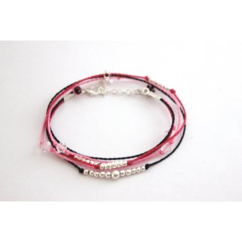 Bracelet ~ Summery ~ cordons noir, rose, framboise