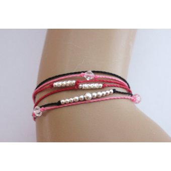 Bracelet ~ Summery ~ cordons noir, rose, framboise