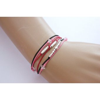 Bracelet ~ Summery ~ cordons noir, rose, framboise