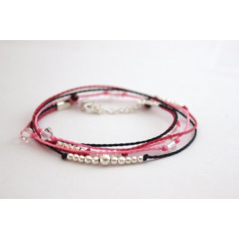 Bracelet ~ Summery ~ cordons noir, rose, framboise