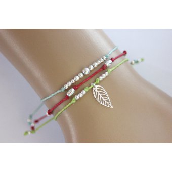 Bracelet cordon framboise perles ovales argent 925