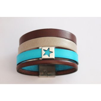 Bracelet manchette en cuir marron et turquoise