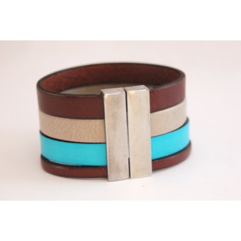 Bracelet manchette en cuir marron et turquoise