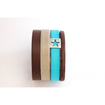 Bracelet manchette en cuir marron et turquoise