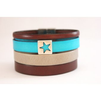 Bracelet manchette en cuir marron et turquoise