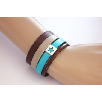 Bracelet manchette en cuir marron et turquoise