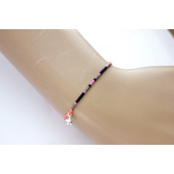 Bracelet miyuki gris, noir, corail et argent 925