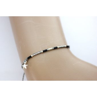 Bracelet perles miyuki argenté, noir et argent 925