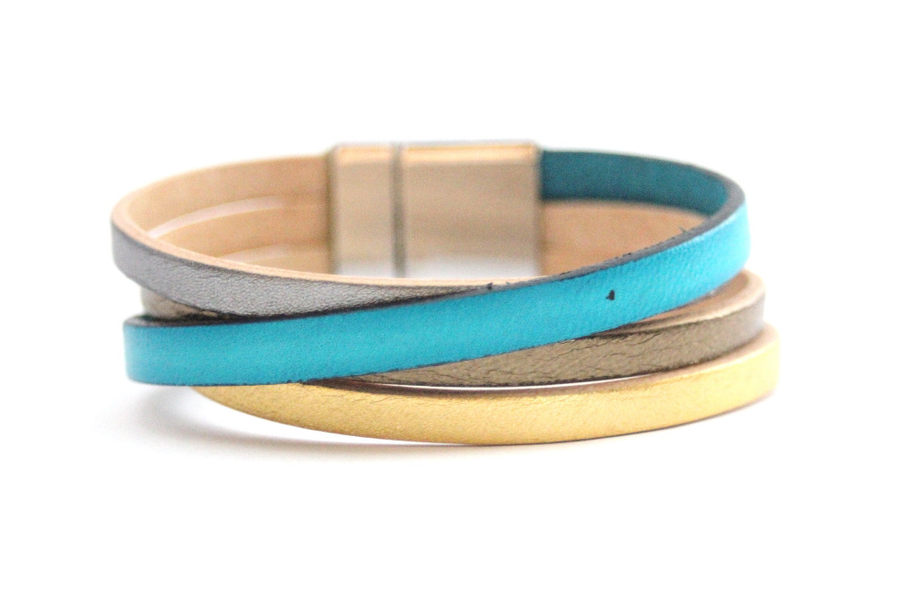 Bracelet manchette cuir métallisé & bleu turquoise