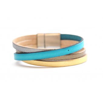 Bracelet manchette cuir mÃ©tallisÃ© & bleu turquoise