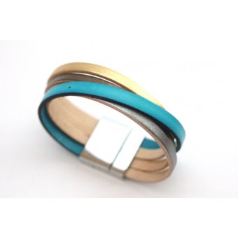 Bracelet manchette cuir métallisé & bleu turquoise