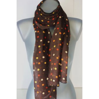 Foulard en mousseline crêpe marron à pois orange