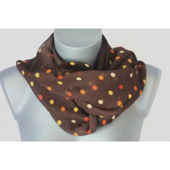 Foulard en mousseline crêpe marron à pois orange