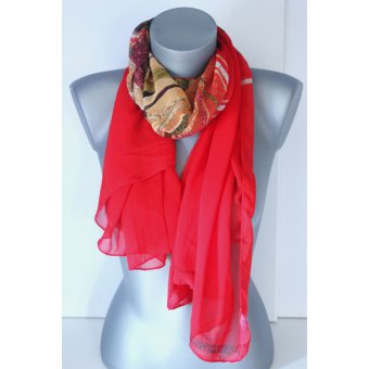 Foulard en mousseline rouge imprimée de volutes