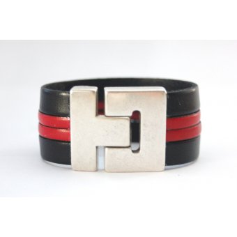 Bracelet manchette en cuir noir et rouge