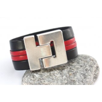 Bracelet manchette cuir noir et rouge 32mm