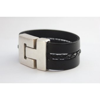 Bracelet manchette en cuir noir et cuir tressé