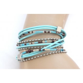 Bracelet boho multi-rangs cuir bleu aqua et acier