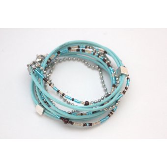 Bracelet boho multi-rangs cuir bleu aqua et acier