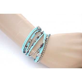 Bracelet boho multi-rangs cuir bleu aqua et acier