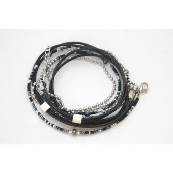 Bracelet Wrap boho multi-rangs cuir noir et acier