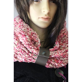 Snood en laine rose et beige lacet cuir marron